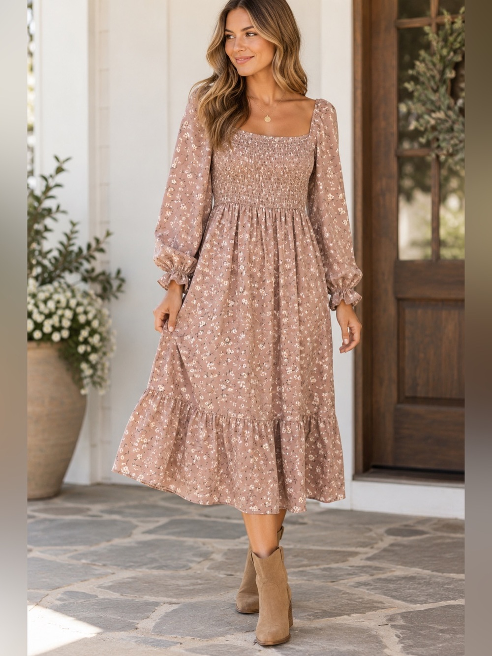 By the River Floral Smocked Midi Dress Large Cottagecore Puff Sleeve Square Neck